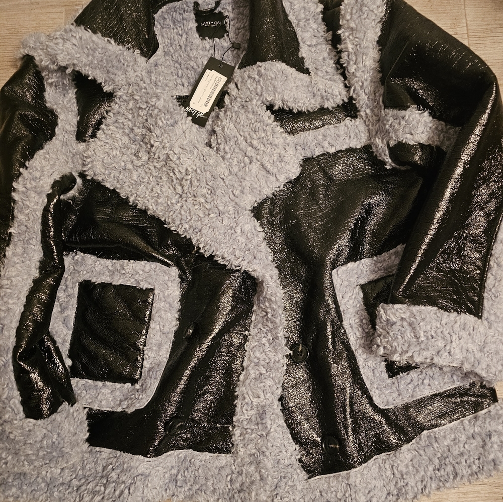 Black Patent Shearling Jacket BNWT